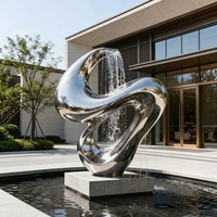 Sculpture abstraite en acier inoxydable en forme de cascade, fontaine miroir sur mesure pour aménagement paysager de cour et immobilier