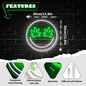 Lumière néon LED en forme de visage souriant avec feuilles vertes, alimentée par USB, pour salle de jeux, bar, club, magasin, lumière d'ambiance, indicateur lumineux, enseigne lumineuse - Product Image 2