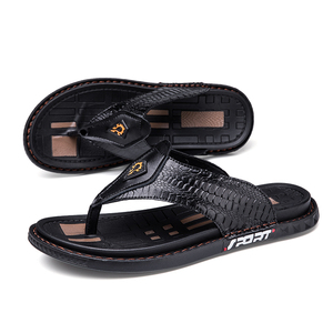 Tongs en cuir véritable pour hommes, sandales de plage à motif crocodile, pantoufles d'extérieur antidérapantes, tailles 38-45 - Product Image 3