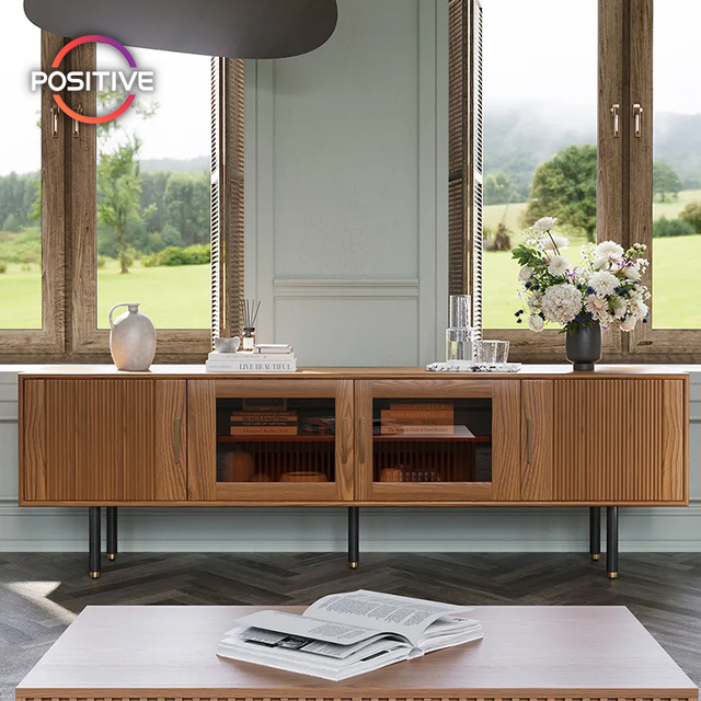 Minimalism Mid - Century Modern Walnut TV Stand with Fluted Wood Panels & Glass - Front Cabinets for Living Room Storage MSTV-96