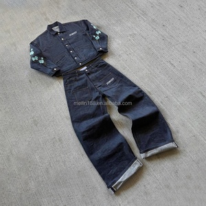 Clothing Custom Denim Button up Jackets and Jeans Two Piece Set Oversized Heavyweight Embroidery Design Jeans <b>Pants</b> Denim Set - Product Image 1