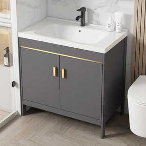 Elegante gabinete de baño gris con espejo inteligente, lavabo blanco y mueble de pie. - Product Image 2