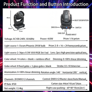 Luz de haz portátil de 295W sin batería con cabezal móvil y atenuación lineal del 0-100%, atomización, ideal para restaurantes y bodas - Product Image 3