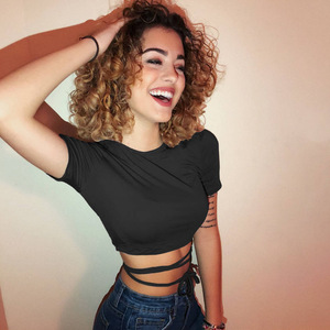 Sexy Cuts Crop Top Ropa Blusas <span class=keywords><strong>de</strong></span> manga corta para mujer Camiseta con correa <span class=keywords><strong>cruzada</strong></span> para mujer - Product Image 3
