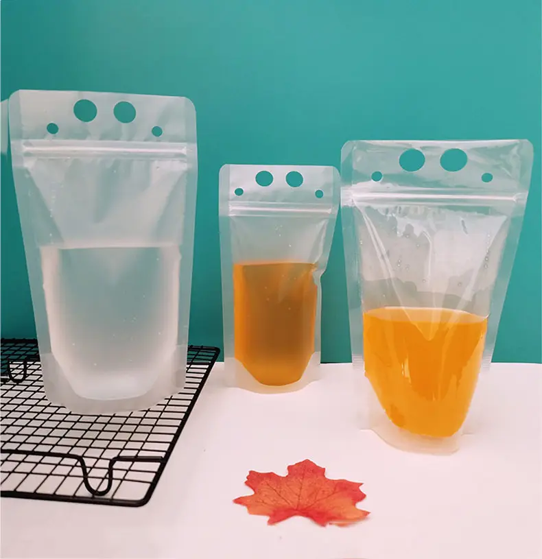 Kemasan Makanan Minuman Cair Air Jernih Mudah Terurai Kemasan Kantong Minuman Jus Plastik Sekali Pakai dengan Lubang Sedotan