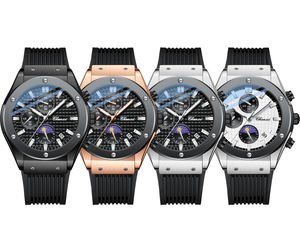 Fabricant de montres Montre lumineuse à grille superposée Texture Phase lunaire Montre chronographe à quartz en silicone pour hommes Style sportif - Product Image 6