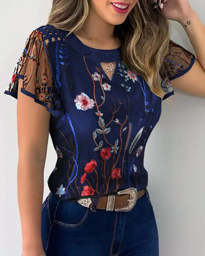 Fashionable sexy women tops 2022 short sleeve ladies top blouses rose embroidery mesh blouses tops for women