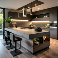 Meubles de cuisine modernes en forme de U avec grand îlot central et éclairage LED, armoires de cuisine personnalisées en contreplaqué