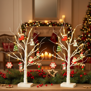 ต้นคริสต์มาสเบิร์ชขนาดเล็กแบบมีไฟ 2 ชิ้น พร้อมไฟ LED สีขาวระยิบระยับ สำหรับตกแต่งสร้างบรรยากาศเทศกาลวันหยุด - Product Image 3