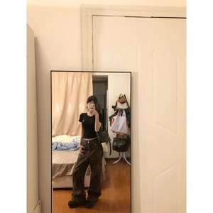 Hiromi 2025 primavera otoño nueva cintura alta Retro Casual tendencia recta pantalones mujeres moda leopardo estampado pierna ancha algodón Denim - Product Image 3