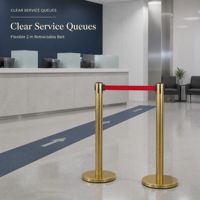 Poteau de guidage rétractable doré avec bande rouge de 2 m, hauteur 900 mm, diamètre 63 mm, base 320 mm pour aéroport