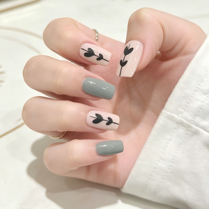 <span class=keywords><strong>Uñas</strong></span> Postizas Grises y Rosa Nude, <span class=keywords><strong>Uñas</strong></span> Cortas Cuadradas Brillantes con Diseño de Corazón, <span class=keywords><strong>Uñas</strong></span> Acrílicas Reutilizables - Product Image 3