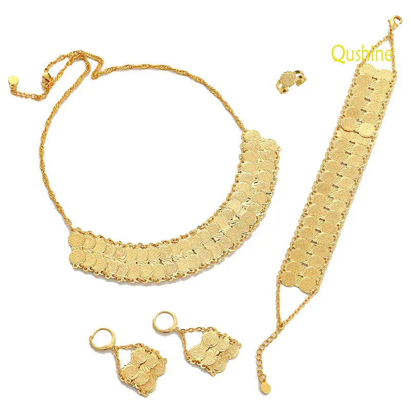 Qushine арабских класса люкс с покрытием из настоящего золота Double Coin ожерелье/серьги с большой подвеской/Кольцо/браслет наборы женских ювелирных украшений
