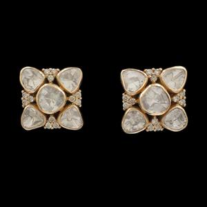 Boucles d'oreilles en or 14 carats avec diamants Polki |   Bijoux floraux carrés Kundan faits à la main, style minimaliste, produit en gros - Product Image 2