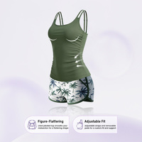 Ensemble Tankini Écologique à Motif Végétal Effet Ventre Plat, Froncé Amincissant, Bretelles Réglables, Poches Discrètes, Haute Élasticité