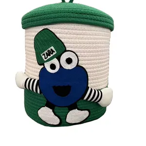 Green cartoon little people storage basket with cover to collect clothes, toys and sundries