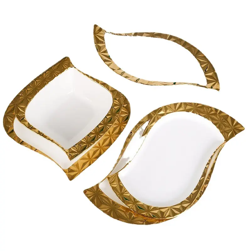 High End Gold Velg Restaurant Platen Witte Keramische Diner Plaat Servies Voor Hotel