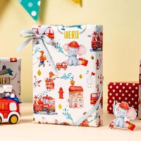 Papel de embalaje con diseño de camión de bomberos y elefantes coloridos para niños, papel recubierto de aluminio para cumpleaños infantiles