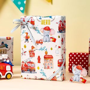 Cute children's colorful little <b>elephant</b> fire engine pattern aluminum-coated paper packaging paper for children's birthday - Product Image 1