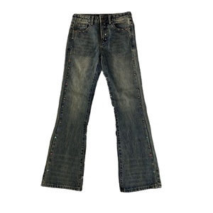 Pantalon bootcut en denim délavé tendance pour <span class=keywords><strong>homme</strong></span>, <span class=keywords><strong>jeans</strong></span> évasés rétro bleu pour <span class=keywords><strong>homme</strong></span> avec décorations en clous métalliques - Product Image 1