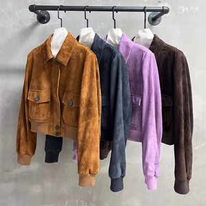 Jxwatcher Autumn Real <strong>Suede</strong> Sheepskin Coat Bomber Zipper Long Sleeves Warm Windproof Custom Dark Brown Leather <strong>Jacket</strong> for <strong>Women</strong> - Product Image 2