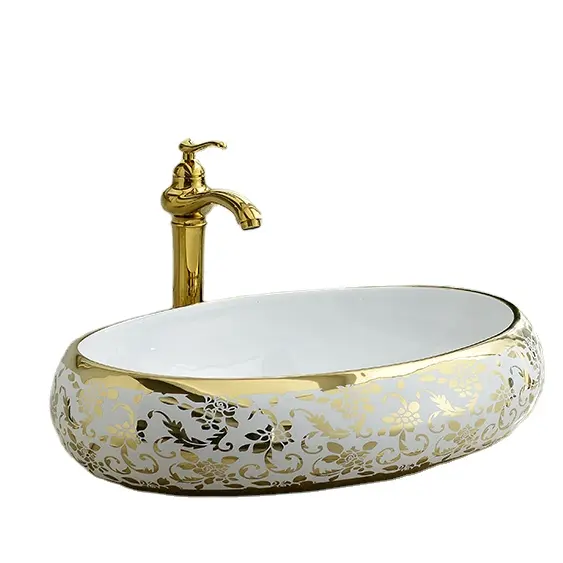 KD-03GBE Hot vendendo ovo dourado forma cerâmica lavagem Closth bacia com flor Design elegância banheiro banhado a ouro pia tigela