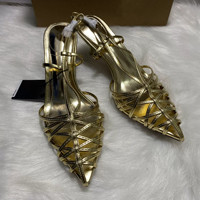 Sandales à lanières dorées métalliques sexy 2026 pour femmes, à bout pointu, talons hauts élégants, chaussures de soirée à bride arrière, vente en gros