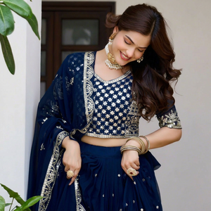 Blue Embroidered Lehenga Set Velvet Blouse <b>Net</b> <b>Dupatta</b> Floral Sequin Indian Wedding Outfit - Product Image 1
