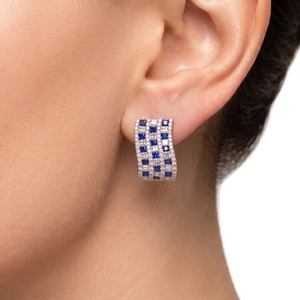 Pendientes de Aro Anchos de Lujo con Zafiro Azul Real, Oro Blanco Sólido de 18K, Diamantes Pavé con Corte Princesa, Joyería Fina, MOQ 1 ud. - Product Image 4