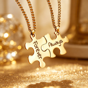 Colliers de couple en forme de puzzle, plaqués or 18 carats sans nickel, gravés personnalisés, assortis <span class=keywords><strong>pour</strong></span> les amoureux, « Forever & Always » - Product Image 2