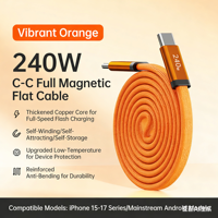 Kabel Pengisian Daya Cepat PD Tipe-C Ganda Magnetik 240W, Logo Kustom, Kabel Pengisian Daya USB-C Pipih