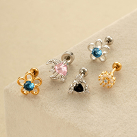 Maina Blue Pink Zircon Earlobe Ear Stud Flower Style Externally Thread Cartilage Earrings Gold Plated Tragus Piercing Jewelry