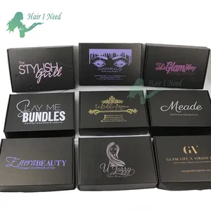 Folding custom logo printing corrugated black color box low minimum quantity for hair bundle