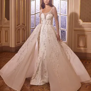 Vestidos de casamento de luxo 2023, roupa de noiva de renda, de sereia, real, frisado, destacável
