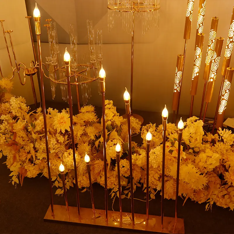 Candelabro de cristal para decoración romántica de Hotel de boda, candelabro de Metal dorado con brazo 5/10