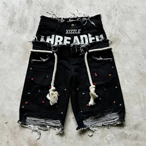 Pantalones Cortos Vaqueros de Verano con Logotipo de Cristal Personalizado para Hombre, Estilo Vintage, Holgados, con Doble Cintura - Product Image 1