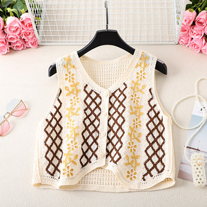 Women Floral Embroidered <strong>Black</strong> Trim <strong>Crochet</strong> Knit Button Down Sleeveless Vest Boho Vintage Openwork Casual Layering <strong>Cardigan</strong> - Product Image 5