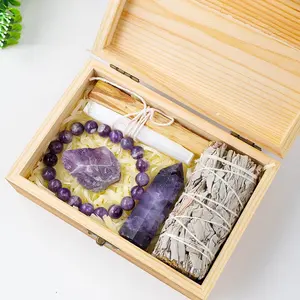 New Arrivals Natural White Sage Rose Quartz Crystal Point Amethyst Wooden Box Set