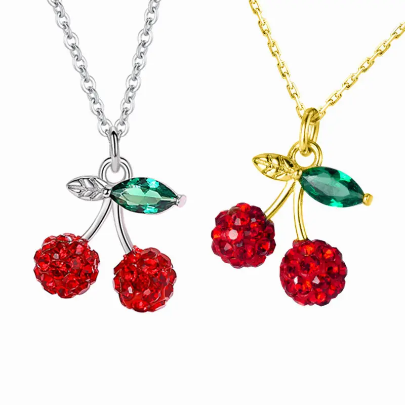 Kalung ceri berlian penuh, segar, manis, seri Hansen Jepang wanita, liontin berlian merah, rantai kerah