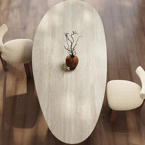 Mesa de comedor de madera maciza moderna contemporánea, curva Base, parte superior de piedra sinterizada, característica extensible para apartamento, cocina, comedor - Product Image 1