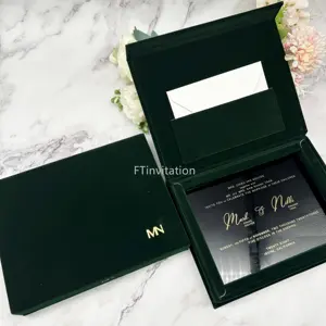 Scatola di chiusura magnetica carta di nozze in acrilico nero di lusso inviti in scatola di velluto verde scuro con Design personalizzato