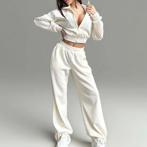 Custom High Quality Women's New Fashion Solid Casual Knit Jogging Suits Sweatshirt Set Full <b>Zip</b> <b>up</b> <b>Crop</b> Top Hoodies - Product Image 1
