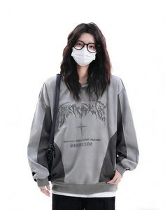 Felpa Oversize Spessa da 300g, in Misto Polycotton, con Stampa di Bande Metalliche Gotiche e Dettaglio a Croce, per Autunno Inverno - Product Image 3