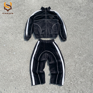 Custom Zipper up Trackpants <b>2</b> <b>Piece</b> <b>Set</b> <b>Men</b> With Piping Elastic Cuffs Unisex Embroidery Reflective Velvet Jacket and Shorts <b>Men</b> - Product Image 1