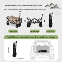 Chariot de camping pliable DS08 avec roues universelles, design table pliante, chariot portable pour plage et pique-nique, beige/noir/marron clair