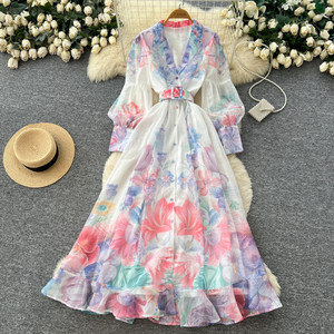 ชุดเดรสแขนยาวพิมพ์ลายวินเทจสำหรับผู้หญิง ชุดฤดูใบไม้ผลิ ชุดเดรสยาวทรงเข้ารูปผูกเอวหรูหราสำหรับ <span class=keywords><strong>Com</strong></span> - Product Image 2