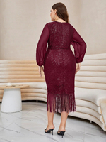 Robe de soirée sexy mi-longue à manches longues en sequins, avec coutures en laine peignée, pour femme, grande taille