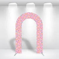 Housse de toile de fond en métal pour arche ouverte, motif donut rose personnalisé, tissu de remplacement pour présentation de fête d'anniversaire