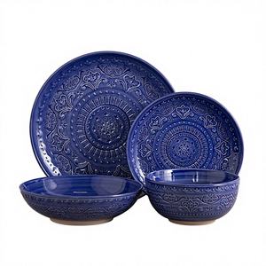 Service de table en céramique écologique de luxe moderne bleu royal, glaçure craquelée, passe au lave-vaisselle - Product Image 1