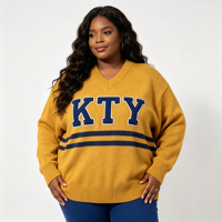 Pull en maille décontracté ample à col en V pour femme, grande taille, imprimé lettres, rayé, style universitaire, OEM ODM